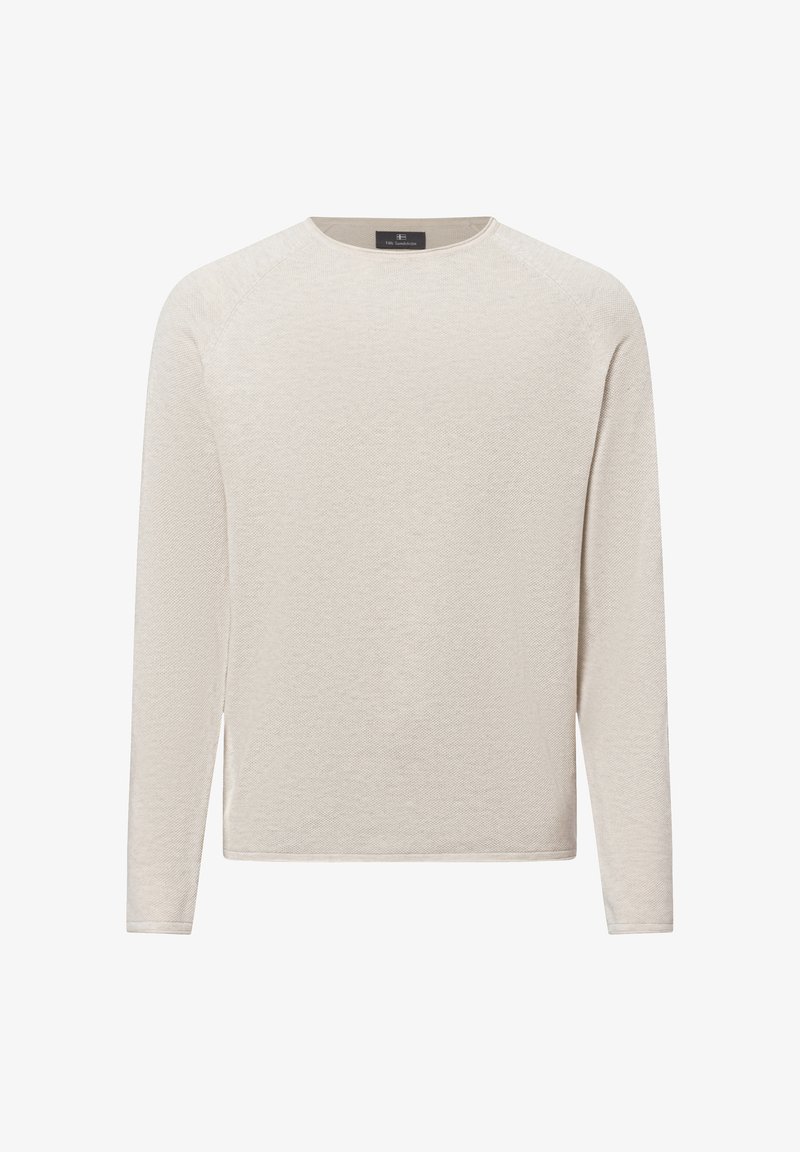 Maglione a maniche lunghe color crema con un motivo a maglia testurizzato, scollatura rotonda e orlo dritto. Presenta maniche raglan per una maggiore libertà di movimento.