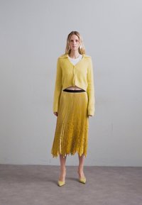 Κίτρινο κοντό, φλούο ζακέτα πάνω από λευκή μπλούζα, συνδυασμένο με πλισέ κίτρινη φούστα. Η φούστα διαθέτει μεταλλικά αξεσουάρ και μαύρη ζώνη.