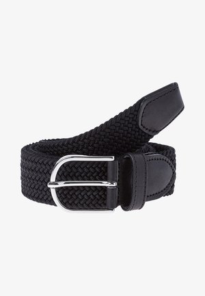 Sort vævet stofbælte med en sølvmetalspænde og sorte læderdetaljer. Har en tekstureret overflade og et klassisk flettet design.