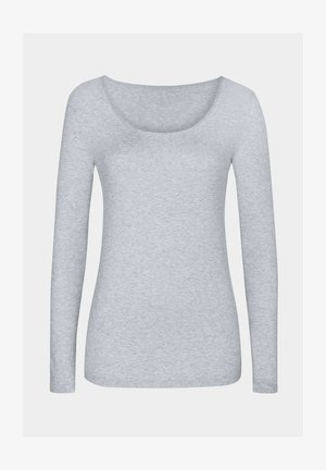 Light grey long-sleeve top made of soft fabric. Features a scoop neckline, fitted silhouette, and smooth texture without patterns or accents.