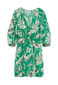 Robe verte avec un motif floral et de feuilles en noir et crème. Elle présente un col en V, des manches courtes bouffantes et une ceinture assortie.