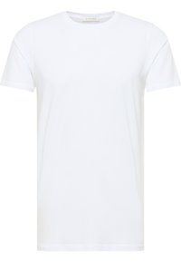 Hvid crew-neck t-shirt i blødt, glat stof. Korte ærmer, klassisk pasform og enkelt design uden mønstre eller udsmykninger.