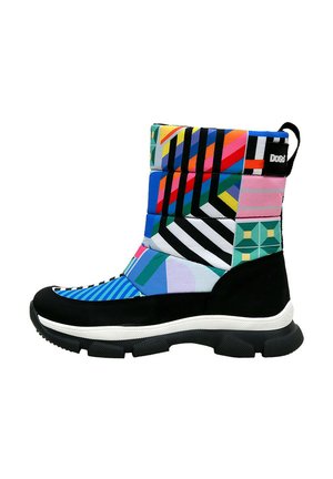 Colorful high-top boots featuring a mix of geometric patterns and colors, black rubber sole, and cushioned fabric upper with a pull tab.