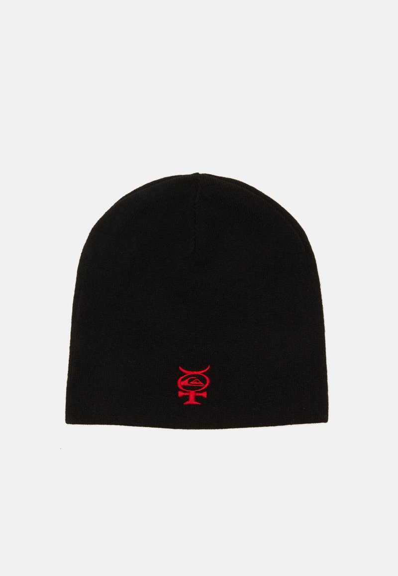 Black knit beanie featuring a red embroidered logo on the front. The design is simple with a close-fitting, rounded shape.