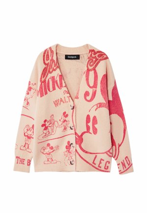 Cardigan beige boutonné avec illustrations vintage rouges de Mickey Mouse et texte, présentant diverses poses ludiques et une étiquette « Desigual » à l’intérieur du col.