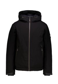 Chaqueta aislante negra con capucha desmontable, cremallera frontal completa, bolsillos laterales con cremallera y puños elásticos. Tela suave e impermeable.