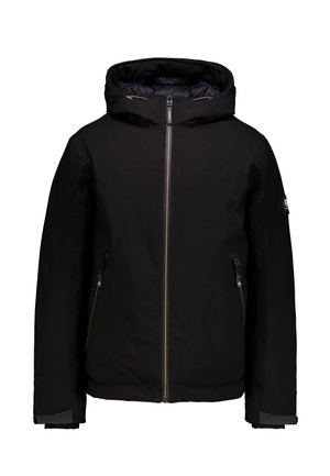 Veste noire isolée avec une capuche amovible, fermeture éclaire frontale complète, poches latérales zippées et poignets élastiques. Tissu lisse et imperméable.
