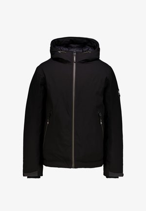 Veste noire isolée avec une capuche amovible, fermeture éclaire frontale complète, poches latérales zippées et poignets élastiques. Tissu lisse et imperméable.