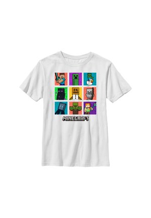 Witte T-shirt met negen kleurrijke Minecraft-karakterblokken, waaronder een zwaarddragende speler, creeper, zombie en Enderman, met het Minecraft-logo eronder.