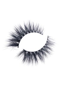 False eyelashes with a dramatic, flared design. Made of soft black fibers, varying lengths create a bold, textured appearance.