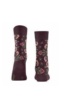 Bordeauxfarbene Socken mit floralen Mustern in Pink und Grün, ausgestattet mit gerippten Bündchen und verstärkten Zehen. Hergestellt aus einem weichen, dehnbaren Material.