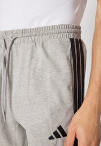 Grijze joggingbroek met een tailleband met trekkoorden, zwarte drie-streep accenten langs de zijkanten en een zwart Adidas-logo aan de onderkant links.
