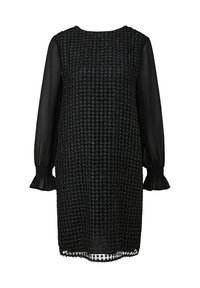 Czarna sukienka z teksturowaną górą, przezroczystymi czarnymi długimi rękawami, falbankowymi mankietami oraz falowanym wykończeniem na dole. Posiada okrągły dekolt.
