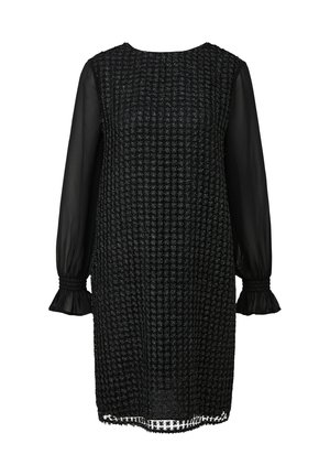 Schwarzes Kleid mit strukturiertem Oberteil, transparenten schwarzen langen Ärmeln, gerafften Manschetten und einem wellenförmigen Saumdetail. Mit rundem Ausschnitt.