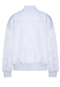 Light blue bomber jacket with a smooth, satiny texture. Features ribbed collar and cuffs, and stitched seams. No visible logos.