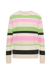 Pull en maille à manches longues avec des rayures horizontales en beige, vert, rose, noir et blanc sur un fond blanc.