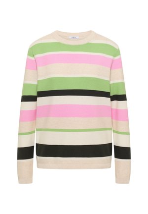 Pull en maille à manches longues avec des rayures horizontales en beige, vert, rose, noir et blanc sur un fond blanc.