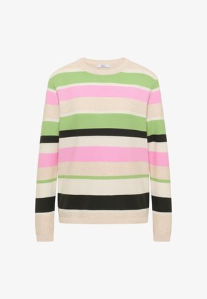 Langärmliger Strickpullover mit horizontalen Streifen in Beige, Grün, Pink, Schwarz und Weiß auf weißem Hintergrund.