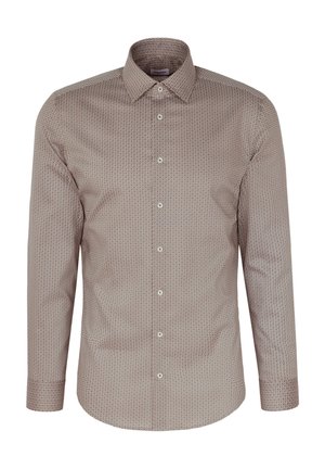 Lange mouwen shirt in bruin met een cirkelpatroon. Heeft een spread collar, knoopsluiting aan de voorkant en gladde katoen stof.