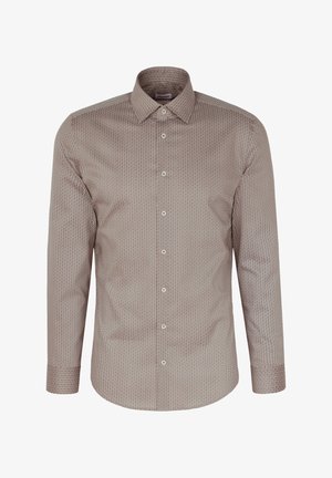 Brązowa koszula z długim rękawem w okrągły wzór. Posiada kołnierz typu spread, zapięcie na guziki z przodu oraz gładki materiał bawełniany.