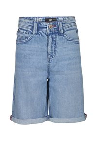 Shorts en denim bleu clair avec des ourlets roulés, cinq poches et des coutures contrastées. Fabriqués en coton, avec une fermeture à bouton à la taille.
