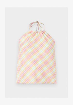 Robe à col licou à carreaux pastel avec des rayures diagonales roses, jaunes, bleues et blanches et de fines attaches en tissu au niveau du cou.