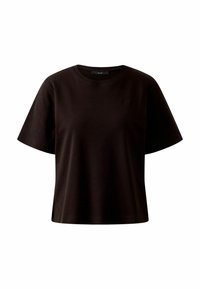 Zwarte katoenen t-shirt met korte mouwen, ronde halslijn en een klein logodetail op de borst. Gladde textuur en een comfortabele pasvorm.
