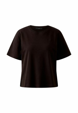 Zwarte katoenen t-shirt met korte mouwen, ronde halslijn en een klein logodetail op de borst. Gladde textuur en een comfortabele pasvorm.
