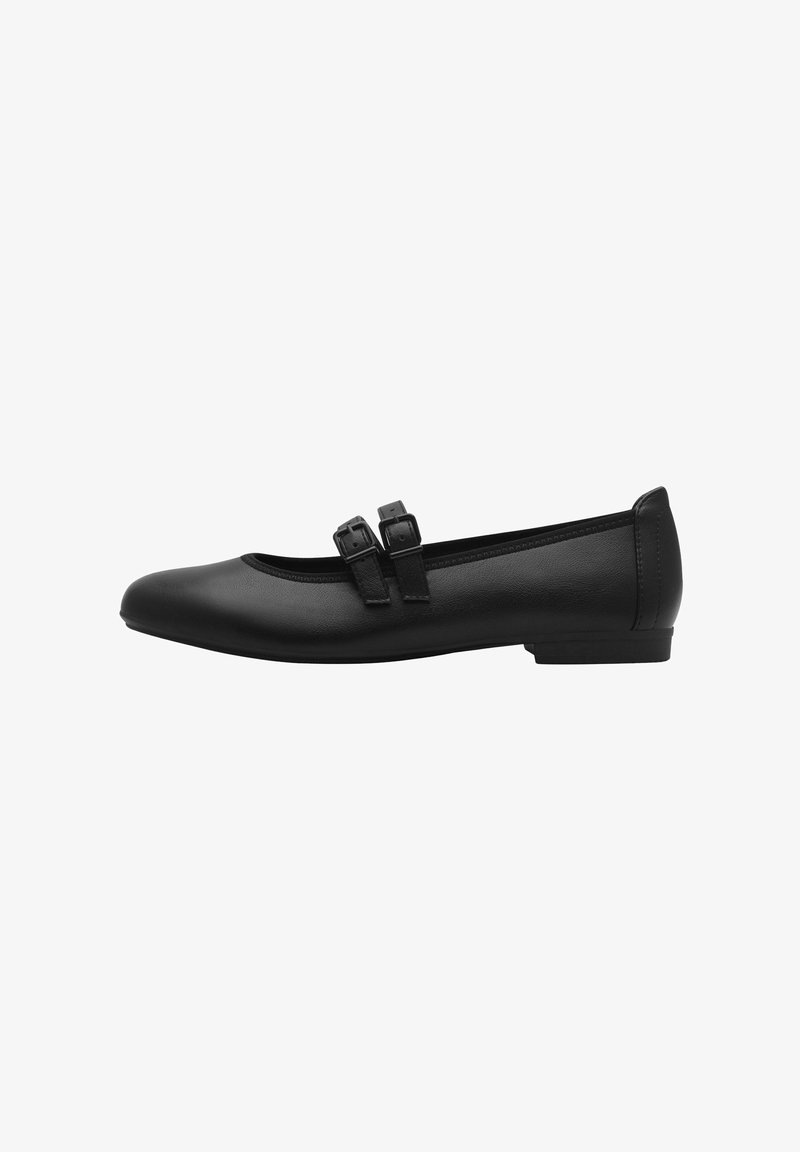 Chaussure plate en cuir noir à bout arrondi, dotée de deux straps réglables avec boucles sur le cou-de-pied et d'un petit talon solide.