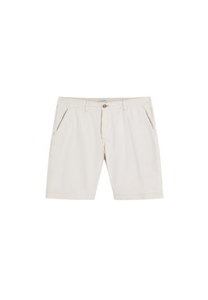 Pantalones cortos beige a medida con bolsillos delanteros, trabillas para cinturón, cierre con botón y cremallera.