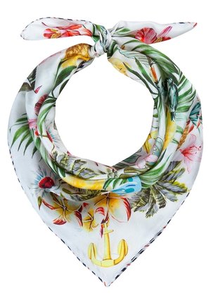 Foulard en soie blanc avec des fleurs tropicales colorées, des feuilles vertes et un motif d'ancre jaune, noué en un nœud lâche.