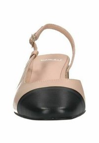 Scarpa in materiale sintetico beige con punta rotonda nera, cinturino alla caviglia regolabile e superficie liscia. Design con suola piatta.