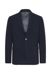 Sötétkék zakó texturált anyagból, egy gombbal, két elülső zsebbel és mintás bélésbetéttel.