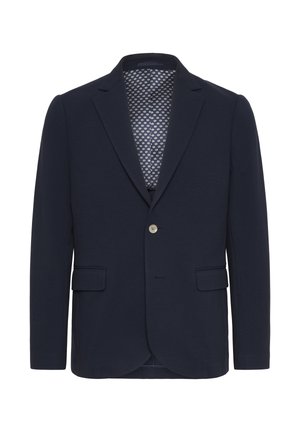 Tamsiai mėlynas švarkas, pagamintas iš tekstūruoto audinio, su vienu mygtuku, dviem priekinėmis kišenėmis ir raštuota vidine pamušalu.