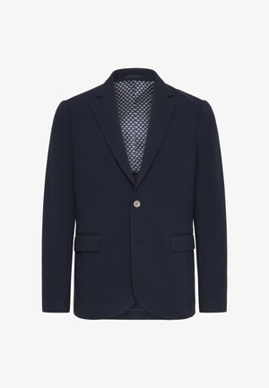 Sötétkék zakó texturált anyagból, egy gombbal, két elülső zsebbel és mintás bélésbetéttel.