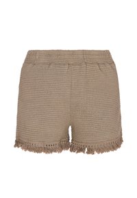 Beige szőtt rövidnadrág, frufruval az alján, gumis derékkal és texturált anyaggal. Rövid, laza szabású, alkalmas hétköznapi viseletre.
