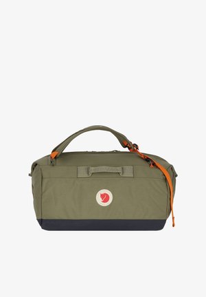 Olive green duffel bag with an orange adjustable strap, top handle, textured fabric, and a navy bottom panel; features a circular logo.