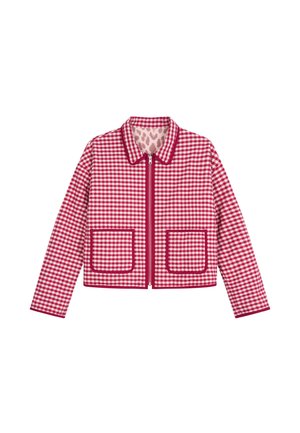 Rot-weiß karierte Jacke mit Reißverschluss, zwei Vorder- taschen und spitzem Kragen, mit pinker Leopardenprint-Innenfütterung.