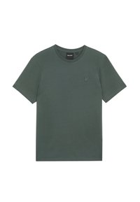 Donkergroen T-shirt met korte mouwen, voorzien van een ronde hals en een klein logo geborduurd op de linkerbovenzijde. Gemaakt van een gladde stof.