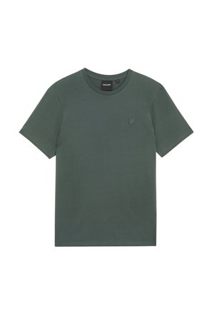 Donkergroen T-shirt met korte mouwen, voorzien van een ronde hals en een klein logo geborduurd op de linkerbovenzijde. Gemaakt van een gladde stof.