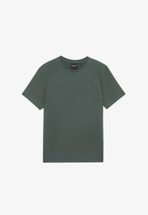 Dunkelgrünes Kurzarm-T-Shirt mit Rundhalsausschnitt und kleinem Logo auf der linken Brust. Hergestellt aus einem glatten Stoff.