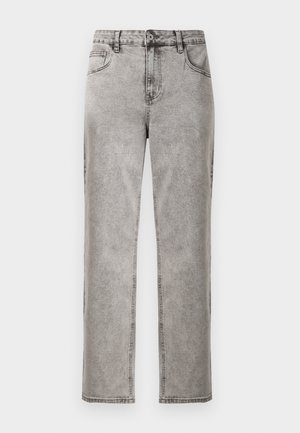 Gray washed straight-leg jeans with front button and zip closure, side pockets, and belt loops.
