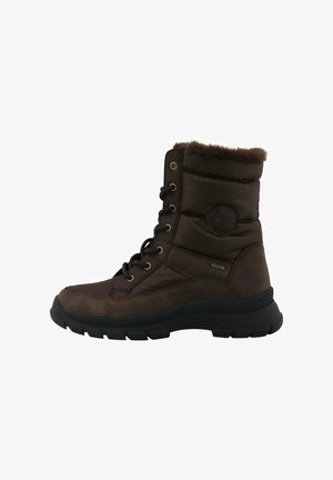Braun isolierter Stiefel mit gepolstertem Schaft, Kunstfellbesatz, runder Zehenpartie und strukturiertem Gummisohle. Verfügt über Metallösen und Logodetails.
