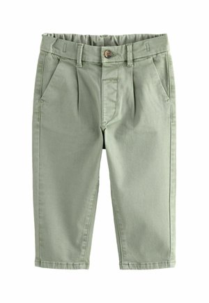 Pantalon vert clair pour tout-petit avec taille élastique, fermeture à boutons, plis avant et poches latérales.