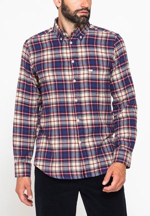 Uomo che indossa una camicia a maniche lunghe con bottoni e motivo a quadri blu, rosso e bianco, in piedi con le mani rilassate lungo i fianchi.