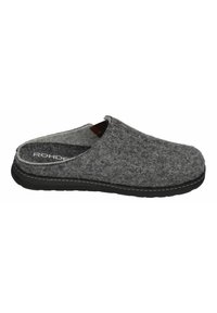 Pantofole in feltro grigio con retro aperto, suola in gomma nera e cuciture bianche a contrasto lungo il bordo. Logo visibile all'interno.