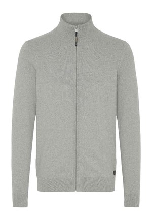 Šedá zipovací svetr s vysokým límcem, žebrovanými manžetami a lemem. Měkká pletená textilní struktura a minimalistický design. Na hrudi je umístěno logo.