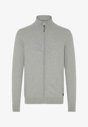 Hallide tõmblukuga hall sviiter, millel on kõrge krae, soonikud varrukatel ja allservas. Pehme kudumise tekstuur ja minimalistlik disain. Ees on logo.