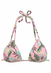 Roze bikinitop met een tropisch bladdessin, driehoekige vorm, gestrikte banden en geplooide details aan de band onder de buste.
