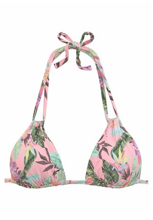Pink bikini top with a tropical leaf pattern, triangle shape, tied straps, and gathered detailing at the band under the bust.